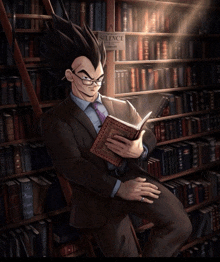 a man in a suit is reading a book in a library with a sign that says silence library