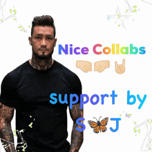 a man in a black shirt stands in front of a sign that says nice collabs support by sj