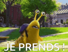 a cartoon character says je prends on the grass