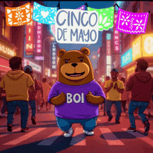 a cartoon of a bear wearing a purple shirt with the word boi on it