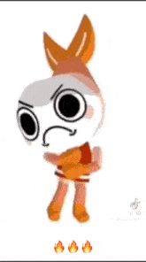 a cartoon character with an angry face and a tail is standing next to three flames .