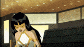 a cartoon of a woman wearing a mask and a white top