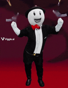 a cartoon character in a tuxedo and bow tie is dancing in front of a viggle.ai logo