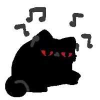 a black cat with red eyes and music notes coming out of its mouth