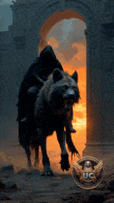 a painting of a man riding a wolf with a uc logo on the bottom right