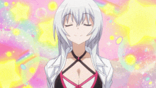 a girl with white hair and blue eyes giving the peace sign