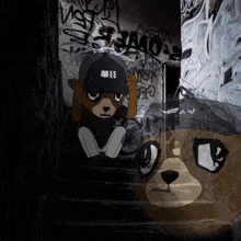 a cartoon of a teddy bear wearing a hat that says ' e3 ' on it