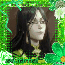 a picture of a man with long black hair and glasses is surrounded by green flowers and the words enlighten on the bottom