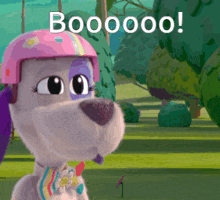 a cartoon dog wearing a pink helmet with the words booooo on it
