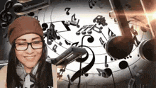 a woman wearing glasses and a beanie is standing in front of a microphone in front of a music background .
