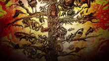 a painting of a tree with many different animals hanging from it