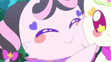 two cartoon characters are hugging each other and one has the letter r on her head