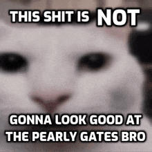 a picture of a white cat with a caption that says this shit is not gonna look good at the pearly gates bro