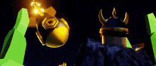 a cartoon character wearing headphones and a viking helmet is standing on a hill .