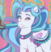 a cartoon pony with a purple and blue mane is smiling
