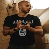 a man wearing a black t-shirt with arabic writing on the front