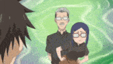 a man and a woman are standing next to each other with glasses on