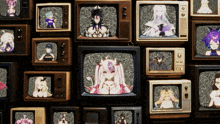 a wall of old televisions with anime characters on them