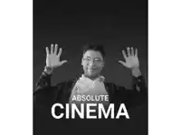 a black and white photo of a man with the words absolute cinema behind him