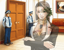 a woman in a suit is standing in a room with two security guards behind her