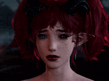 a woman with red hair and horns on her head has a scar on her face