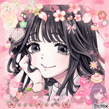 a picture of a girl with flowers and hearts around her and the words picmix on the bottom