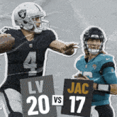 two football players are holding signs that say lv 20 vs jac 17