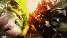 a man in a superhero costume is being punched by another man in a superhero costume .