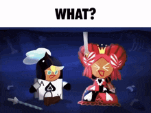 a couple of cartoon characters standing next to each other with the words what on the top
