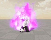 a person is standing in front of a purple flame .