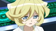 a girl with blonde hair and blue eyes is looking at something