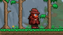a pixel art of a man in a red hat holding a sword in a forest .