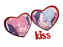 two hearts with a picture of a girl and the word kiss
