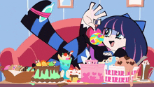 a cartoon drawing of a girl sitting on a couch with a box that says ' iriri '