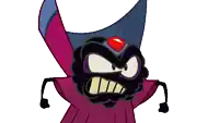 a cartoon character with a purple cape and a red jewel on his head