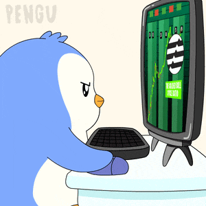 a cartoon of a penguin looking at a computer screen with the word pengu on the bottom right