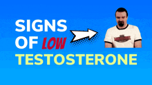 a blue background with a man in a t-shirt that says ' signs of low testosterone '