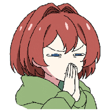 a pixel art drawing of a girl with red hair covering her mouth