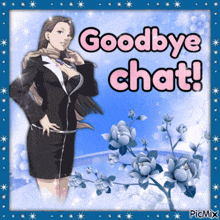 a picture of a woman with flowers and the words goodbye chat