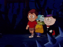 three cartoon characters standing next to each other in a dark forest