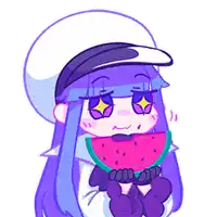 a cartoon girl with purple hair and a hat is holding a slice of watermelon .