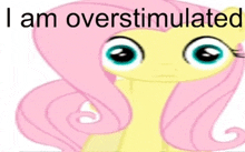 a cartoon pony with big eyes and the words " i am overstimulated " below it
