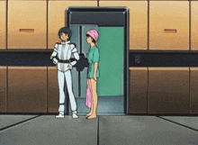 a man in a white suit and a woman in a pink hat are standing in front of an elevator