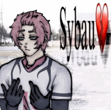 a drawing of a boy with pink hair and the word syeau in the background