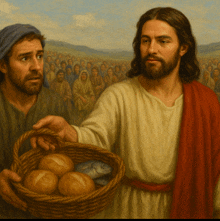 jesus is holding a basket of bread and fish in front of a crowd of people