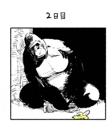 a black and white drawing of a gorilla sitting next to a banana peel .