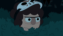 a cartoon character with a mask on his head is peeking out from behind a bush