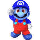 a blue mario with a white m on the hat