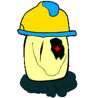 a cartoon drawing of a man wearing a hard hat and scarf
