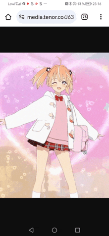 a phone screen shows a picture of a girl in a school uniform with the url media.tenor.co/j63